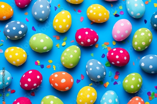 Colorful Eggs on Blue Background With Confetti for Spring Festival and Holida...