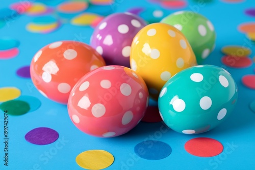 Colorful Eggs on Blue Background With Confetti for Spring Festival and Holida...
