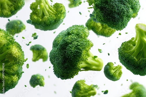 fresh green broccoli florets falling or flying in air isolated on white background