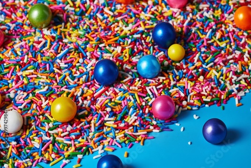 Bright Colored Candies and Sprinkles on a Blue Surface Create a Fun Dessert S...
