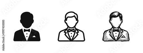 Waiter or server icon set, man in tuxedo and bowtie profile symbol, hospitality and service staff