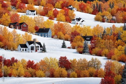 Colorful Autumn Landscape With Houses in Hilly Area During Daytime