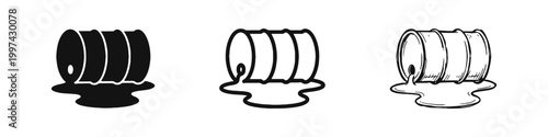 Oil barrel leak and chemical spill icon set, environmental pollution and industrial hazard symbol