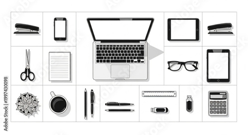 Modern office desk with laptop tablet phone and stationery supplies.