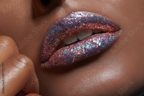 Bright Lips With Glitter in Close-Up Shot Taken Indoors
