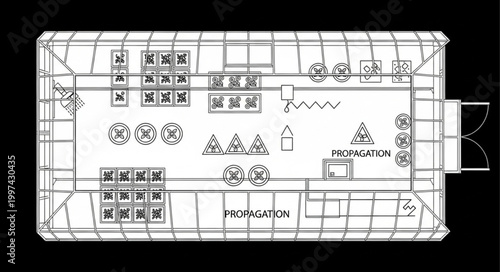 Architectural blueprint of a greenhouse with planting beds and recreation area.