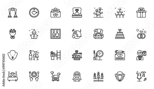 Wedding Elements icon set. Vector illustration pack featuring wedding arch, engagement ring, bouquet, cake, bride, groom and more romantic symbols.