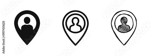 User location map pin icon set, person profile and destination marker symbol