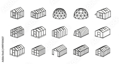 Collection of hand drawn architectural shelter designs and structures.