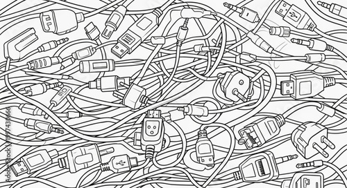 Tangled mess of electrical cords and plugs.