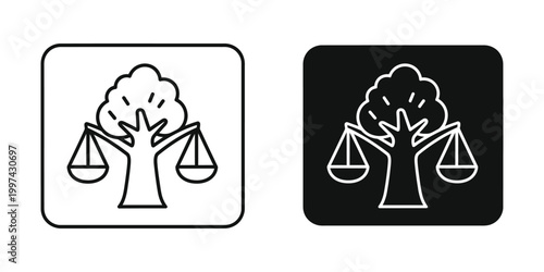 Balanced tree icon set depicting nature and justice with contrasting backgrounds