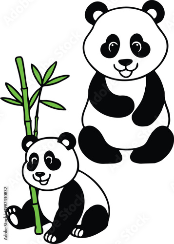 Cute cartoon panda bears sitting together with green bamboo stalks