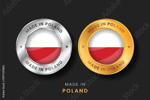 High-quality circular gold and silver labels featuring the Poland flag. Professional Made in Poland emblems for local product certification, exports, and manufacturing origin verification.