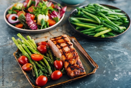 Delicious Grilled Salmon Served With Green Beans and Fresh Salad for Lunch or...