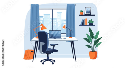Cozy Home Office Workspace Illustration with Laptop, Desk, Chair, and City View - Ideal for Remote Work & Study