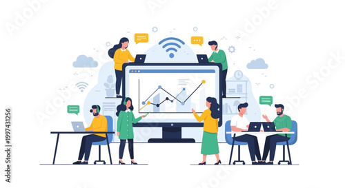 Business Team Collaboration and Data Analysis Illustration. Professionals working with graphs, charts, and digital connectivity for growth strategy.