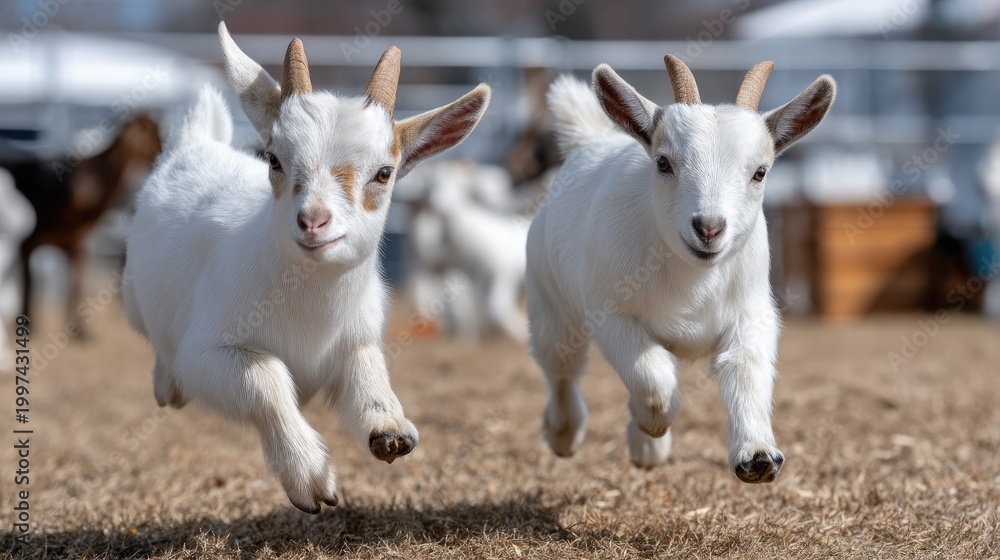 Fototapeta premium Two white goats run on grass in a sunny field with other animals in the background during a bright day