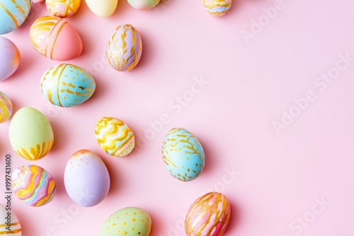 Colorful Eggs Floating Against a Pink Background During a Spring Celebration