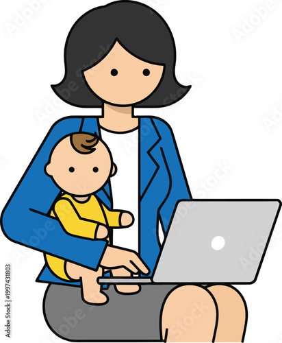 Professional business woman in blazer working on laptop with baby on lap, corporate mother and remote career executive concept.