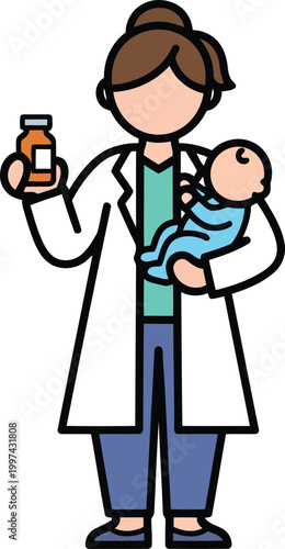 Pediatrician doctor holding a newborn baby and a medicine bottle, professional healthcare and infant medical treatment concept.
