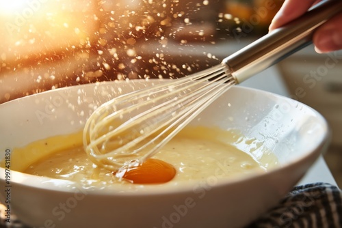 Mixing Batter With a Whisk While Sunlight Shines in a Kitchen in the Morning