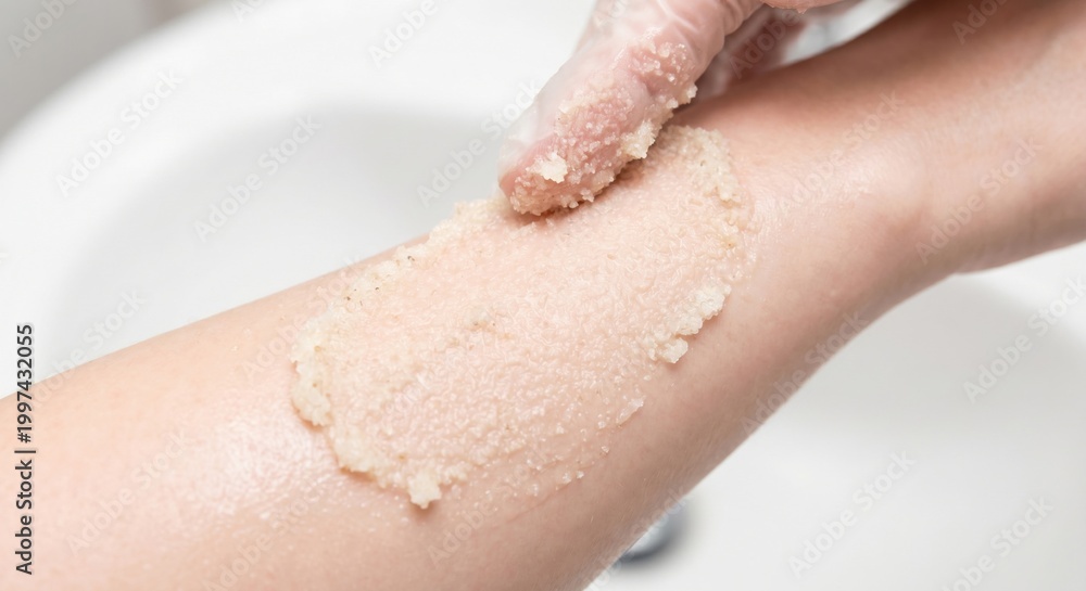 Fototapeta premium Spreading granular body scrub on smooth skin macro