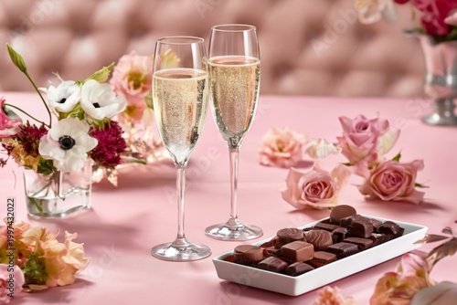 Celebration With Sparkling Drink and Chocolates on a Pink Table With Flowers ...