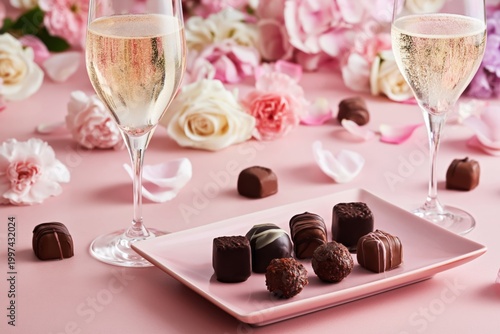 Celebration With Sparkling Drink and Chocolates on a Pink Table With Flowers ...