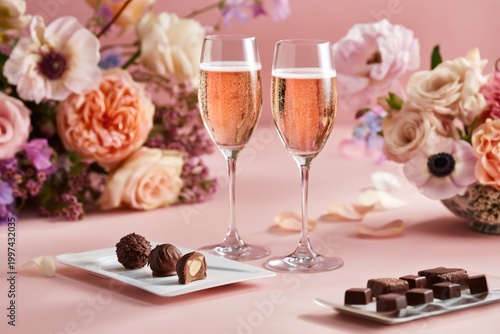 Sweet Treats and Sparkling Drinks on a Table With Flowers for a Celebration o...