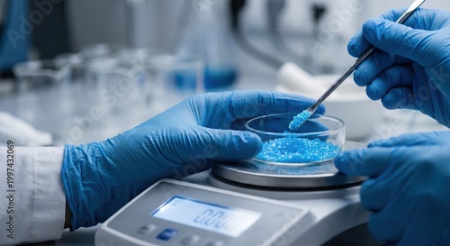 Scientist weighing blue copper sulfate crystals in laboratory