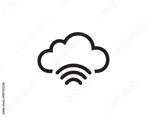 Minimalist blue cloud icon with three curved signal lines beneath, flat vector style, geometric outline, symbolizing cloud computing and wireless connectivity on white background