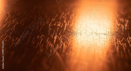 A close-up of a metallic surface with a golden hue, featuring a reflective surface and a pattern of small, jagged lines.