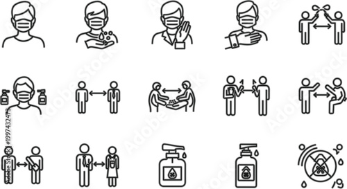 Health Safety and Hygiene Line Icon Vector Set with Mask Hand Wash Social Distancing Sanitizer and Pandemic Prevention Symbols