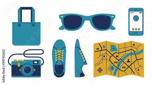 Set of travel essentials and accessories for vacation and city tourism.