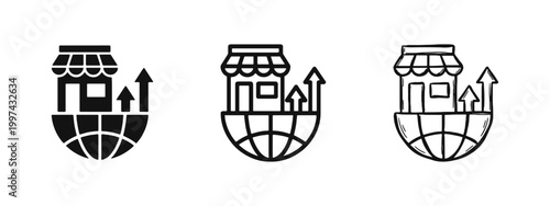 Global Trade and E-commerce Growth Icon Set with Globe and Storefront