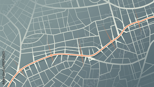 Dark Teal Street Map Displaying Orange Curved Route Line With Circular Checkpoint Markers