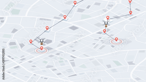 Drone Delivery Network Map Showing Multiple Flight Paths Between Red Location Markers Over City Grid