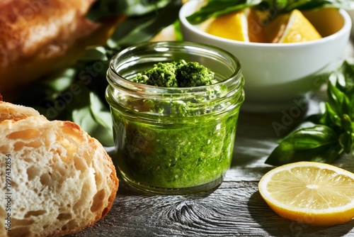 Freshly Made Pesto Sauce With Bread and Lemon on the Kitchen Table