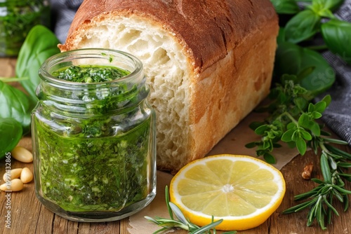 Freshly Made Pesto Sauce With Bread and Lemon on the Kitchen Table