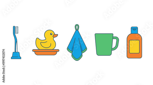 Set of colorful bathroom hygiene and bath time accessories icons.