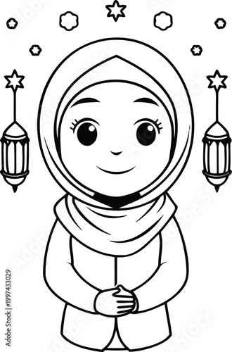 Cute cartoon girl wearing a hijab with lanterns and stars for ramadan coloring page illustration