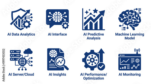 Collection of blue icons representing various aspects of AI technology and analytics