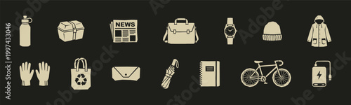 Commuter essentials and daily carry icons set including bicycle bag umbrella and electronics