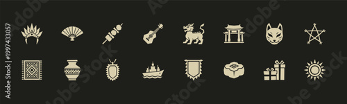 Set of 16 multicultural flat vector icons representing global traditions and cultural symbols