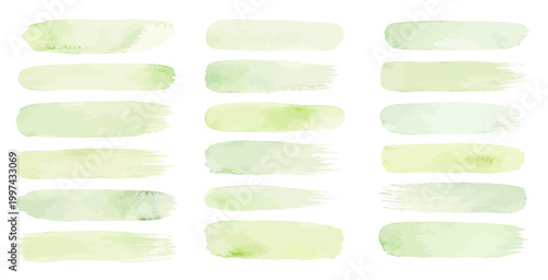 A charming watercolor set of green brush strokes featuring soft pastel paint swatches with delicate textured edges illustrated in a natural hand painted style.