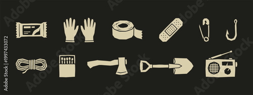 Survival gear equipment icons set including axe shovel radio and first aid tools on dark background