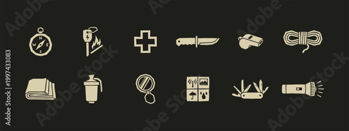 Emergency survival gear icon set featuring camping tools equipment and outdoor adventure supplies