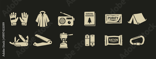Survival Kit Icons and Camping Equipment Set for Emergency Preparedness and Hiking