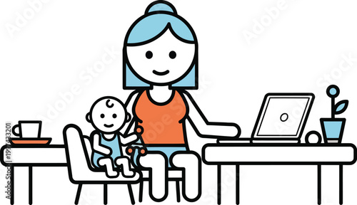 Young mother working on laptop at home office desk with baby sitting nearby work life balance concept