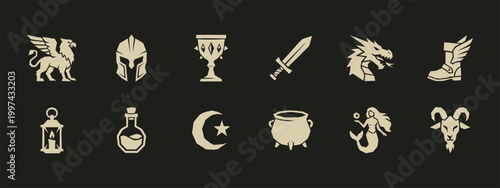 Fantasy Medieval RPG Game Icon Set Featuring Dragon Sword Potion and Mythological Creatures
